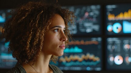 Focused Young Woman Analyzing Data Charts Graphs Screen Technology Business Professional Serious Thoughtful Female Entrepreneur Modern Office Workplace Digital Information         