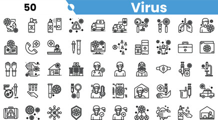 Collection of virus-related icons depicting healthcare, testing, and prevention measures.