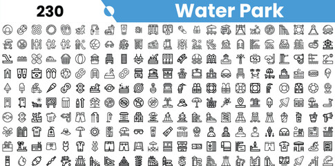 A diverse collection of black and white icons representing various water park activities and attractions.