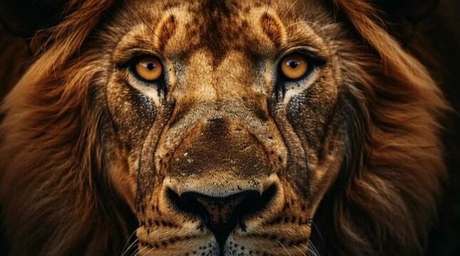 Majestic Lion's Gaze: The King of the Jungle stares directly into the camera, his fierce yet captivating eyes reflect power and authority, a close-up portrait embodying his regal presence.