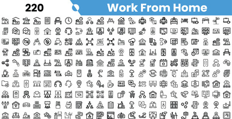 A collection of black and white icons representing the work-from-home concept, featuring various home office elements.