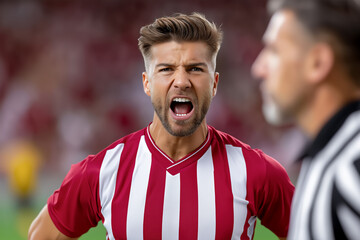 Soccer player shouts passionately while facing referee during competitive game. Stadium filled with cheering fans, vibrant colors creating electric atmosphere