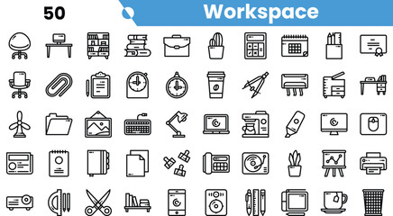 A diverse collection of workspace icons, featuring office furniture, stationery, and organizational tools, illustrating a productive environment.