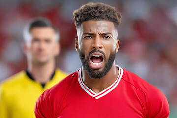 Athlete passionately shouts during competitive soccer match. Stadium filled with excitement, bright red uniforms on players. Concept of sports enthusiasm, teamwork, athletic competition