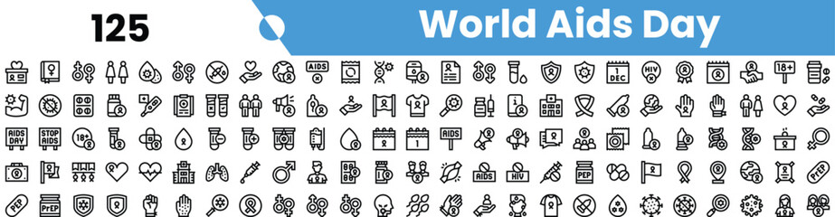 A diverse collection of icons representing World AIDS Day, featuring red ribbons, health symbols, and awareness themes.