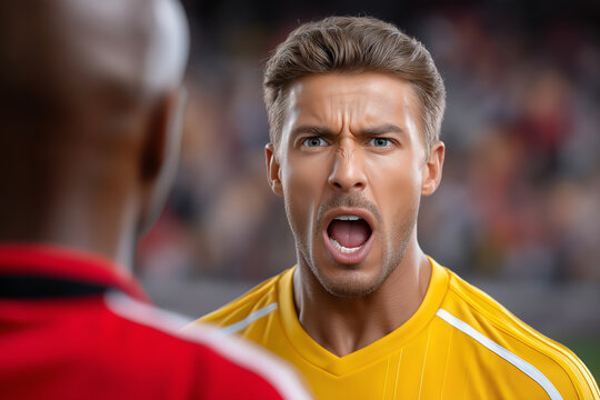 Soccer player in yellow jersey yells at referee, expressing frustration over a decision. Crowded stadium forms lively backdrop, enhancing competitive spirit
