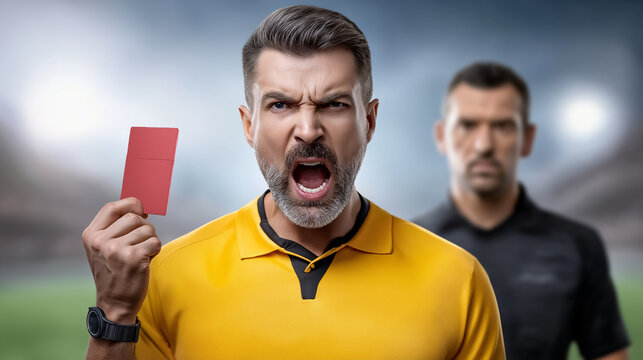 Referee aggressively holds up red card to signal foul during crucial soccer match. Stadium atmosphere, focused on sport. Concept of sports coaching, team management, soccer events