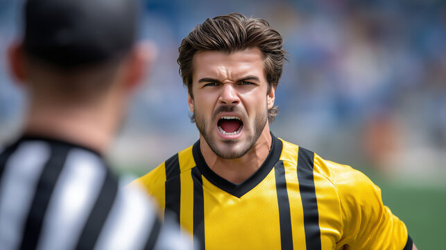 Player expresses frustration and intensity while arguing with referee on football field. Bright stadium atmosphere with spectators in background. Concept of sports, competition, team dynamics - Powered by Adobe