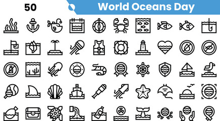 A diverse collection of minimalist icons representing World Oceans Day, featuring sea creatures, maritime symbols, and oceanic themes.