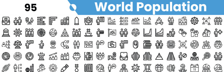 A collection of modern icons representing various aspects of world population, emphasizing diversity and data visualization.