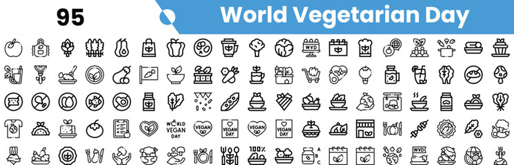 A vibrant collection of icons celebrating World Vegetarian Day, featuring diverse plant-based foods, cooking tools, and sustainable living symbols.