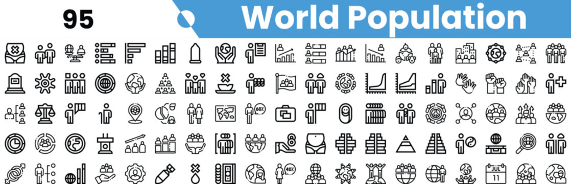 A collection of modern icons representing various aspects of world population, emphasizing diversity and data visualization.