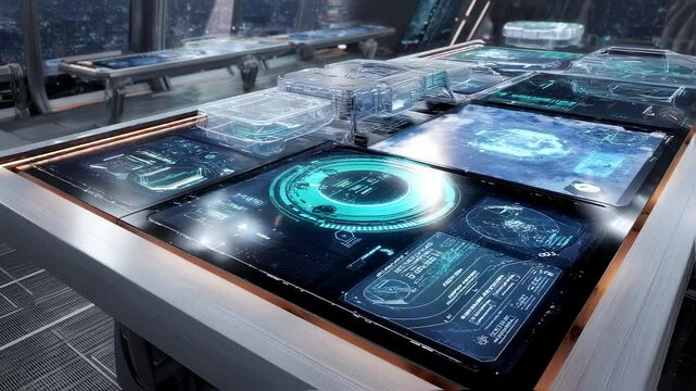 Futuristic command center showing planet earth and various data analysis on transparent screens, highlighting innovation and advanced technology in a sleek and modern environment