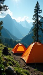 Three camping tents forming a triangle, backpacks nearby, adventure, equipment