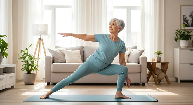 Senior woman performing warrior pose on yoga mat in bright living room with natural light shining through