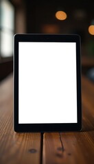Sleek tablet, blank screen, rustic wood table , old wood, overhead