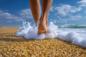 Person walks barefoot through gentle waves on sandy beach. Clear blue sky enhances serene setting, perfect for soothing escapes. Concept of travel, wellness, beach resort