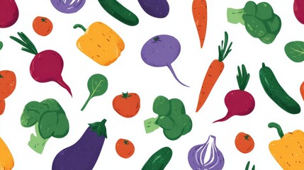Colorful vegetable pattern on white background for kitchen decor or recipe books