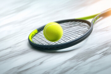 Tennis ball bounces off black and green racket on smooth marble surface. Elegant and dynamic setting captures action of tennis play. Concept of sports marketing, athletic gear, fitness branding
