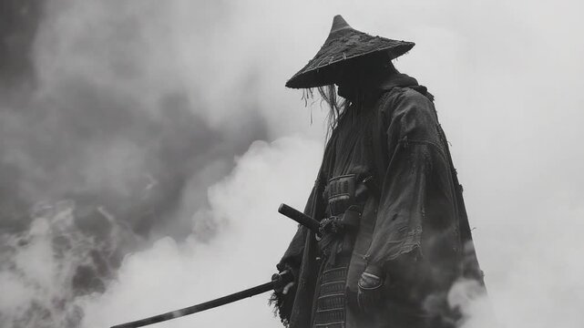 Mystical Samurai Warrior with Katana in Smoky Black and White Ambience for Artistic Projects