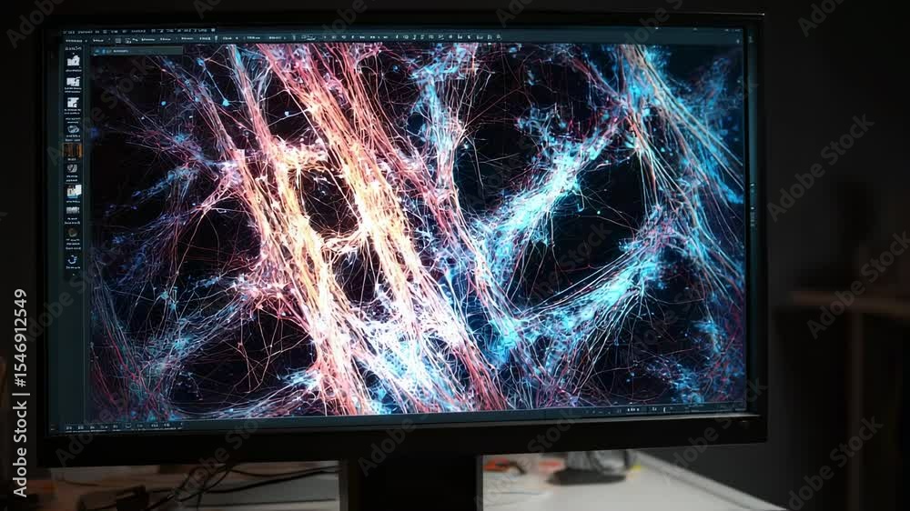 Aufkleber large computer monitor displaying intricate network data visualization with colorful lines and nodes