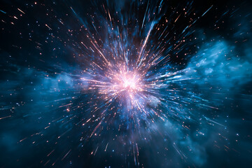 Colorful explosion captures vivid sparks radiating outward in all directions, set against a dark background