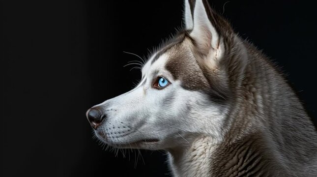 Majestic Siberian Husky Profile: A stunning profile of a Siberian Husky, showcasing its striking blue eyes, thick fur, and alert expression against a dramatic black background.