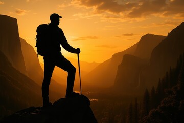 Hiker reaching mountain summit with breathtaking valley vista and achievement triumph