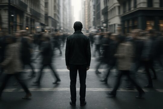 Urban isolation and social anxiety depicted through metropolitan anonymity and psychological disconnection
