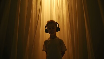 Autistic boy wearing noise cancelling headphones standing under warm light translucent curtain veil representing emotional isolation and sensory processing sensitivity