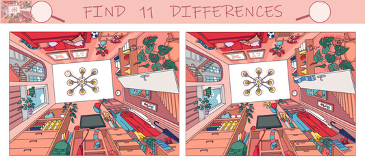 Find the differences game. Room from bottom to top. Interior with furniture and home objects. Cozy family room. Sketch vector illustration.