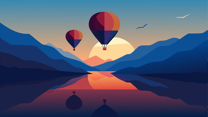 Serene Sunset Hot Air Balloons Soaring Over Mountain Lake