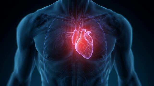 Detailed medical animation revealing human heart pulsing within male chest, showcasing intricate cardiovascular system dynamics and cardiac muscle functioning