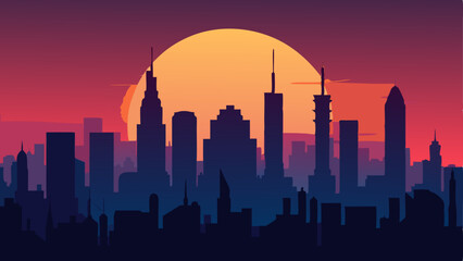 Fototapeta premium Sunset Cityscape Urban Silhouette at Dusk, Vibrant Colors, Minimalist Design