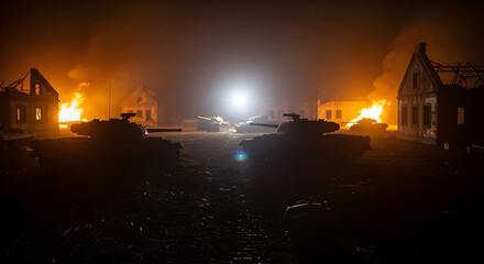 a compilation of war-related imagery, including burning buildings, tanks in combat, and scenes of...