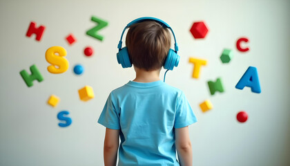 Autistic boy wearing headphones smiling with floating numbers and shapes representing sensory focus hyperlexia and developmental diversity