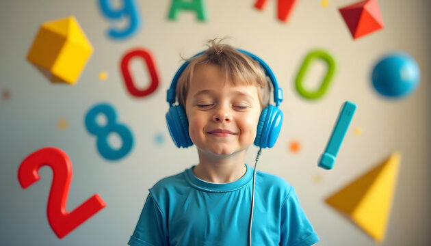 Autistic boy wearing headphones smiling with floating numbers and shapes representing sensory focus hyperlexia and developmental diversity