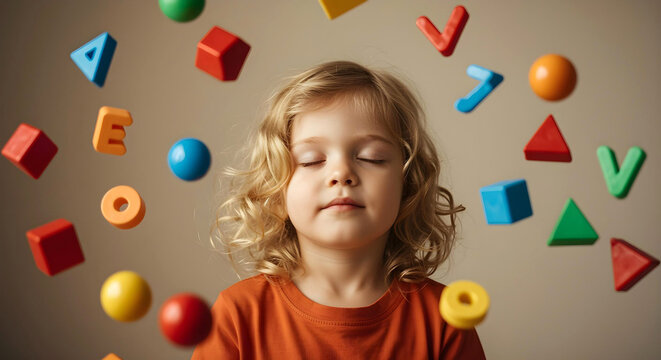 Autistic boy wearing headphones smiling with floating numbers and shapes representing sensory focus hyperlexia and developmental diversity