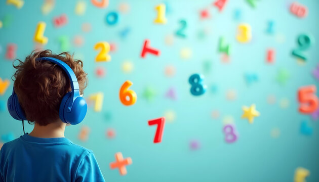 Autistic boy wearing headphones smiling with floating numbers and shapes representing sensory focus hyperlexia and developmental diversity