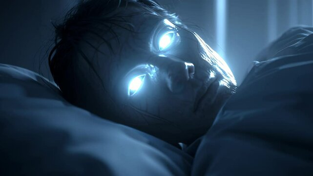 Mysterious blue luminescence radiating from closed eyes of sleeping woman, revealing potential
