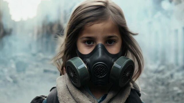 Child in gas mask stands amid urban devastation and smoke, evoking themes of survival, conflict, and post-apocalyptic aftermath