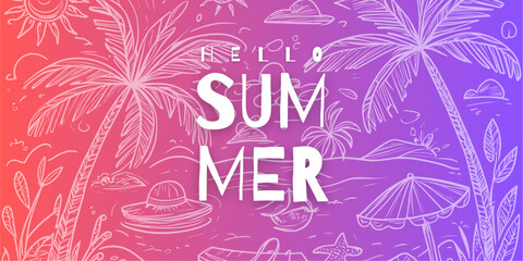 Hello Summer Lettering with Tropical Background in Purple Gradient © Atelier
