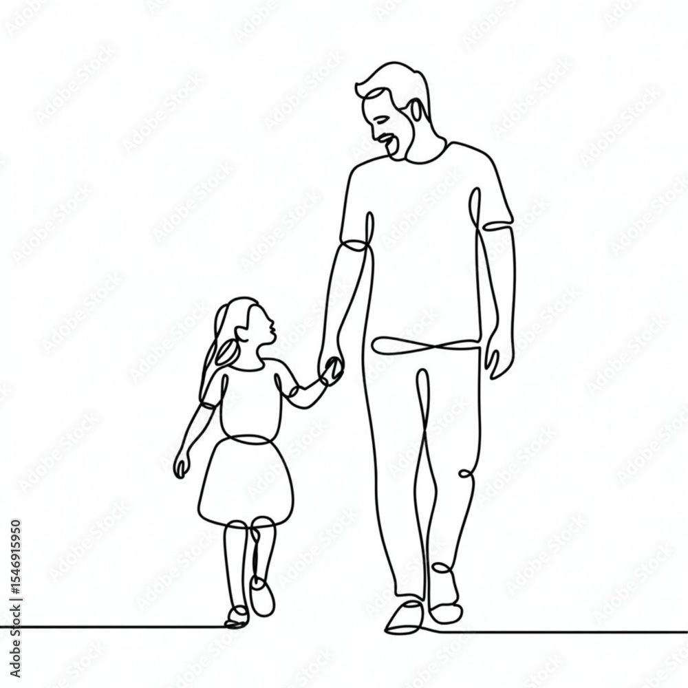 Fototapete happy parent's day single continuous line drawing line art vector. minimal father and daughter print