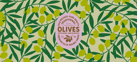 Naklejka na ściany i meble Organic Olive Pattern. Vector pattern with olives, branches and leaves. Great for food packaging, textiles, background, or eco designs.