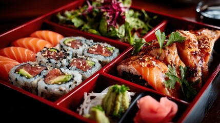 Exquisite Sushi Selection in a Traditional Bento Box with Detailed Compartments for a Gourmet Dining Experience
