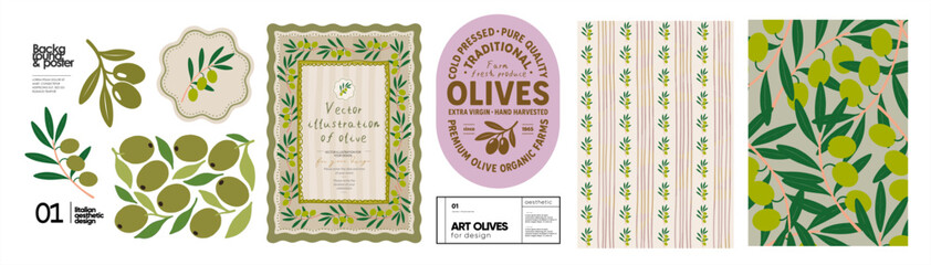Naklejka na ściany i meble Olives. Summer italian and french mediterranean olive illustrations, vintage invitation, olive oil label, packaging, print, logo, seamless pattern for background, card and poster