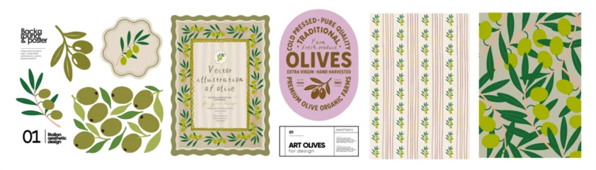  Olives. Summer italian and french mediterranean olive illustrations, vintage invitation, olive oil label, packaging, print, logo, seamless pattern for background, card and poster © Ardea-studio