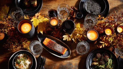 Top-Down View of an Autumn-Themed Dining Table with Seasonal Decor and Rustic Charm
