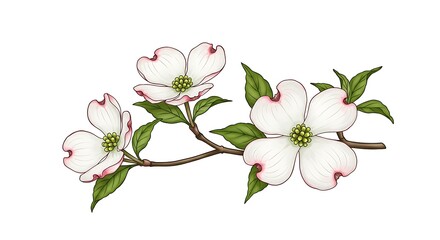 Obraz premium Flowering Branch with White Petals and Green Leaves on White