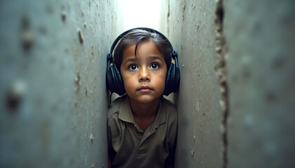 Autistic child wearing noise cancelling headphones standing in a narrow concrete space symbolizing limited perception, sensory and emotional isolation